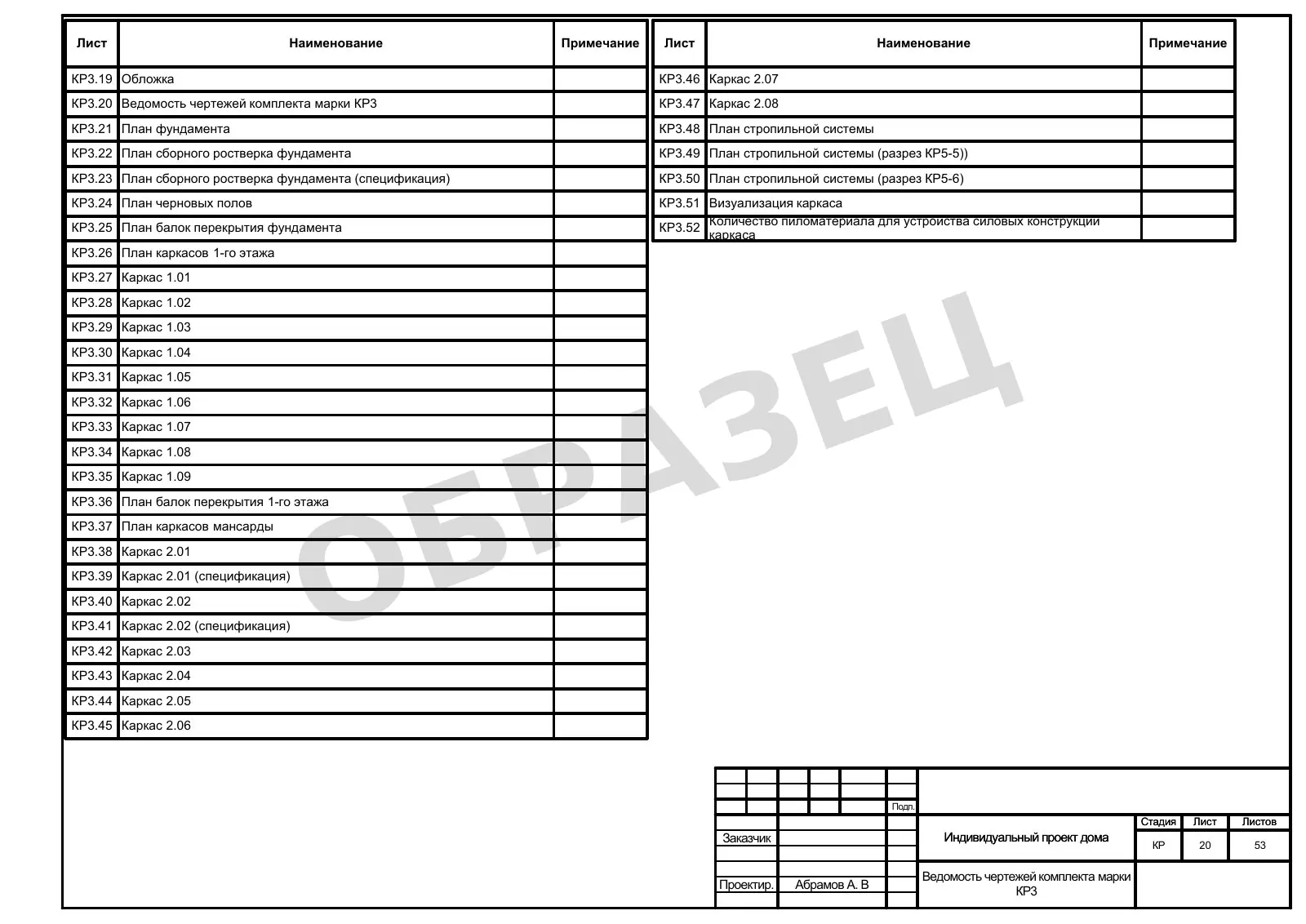 КР3.20 — Ведомость чертежей комплекта КР3 — пример документации AAA Projects