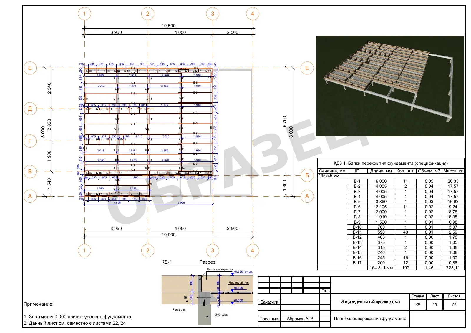КР3.25 — План балок перекрытия фундамента — пример документации AAA Projects