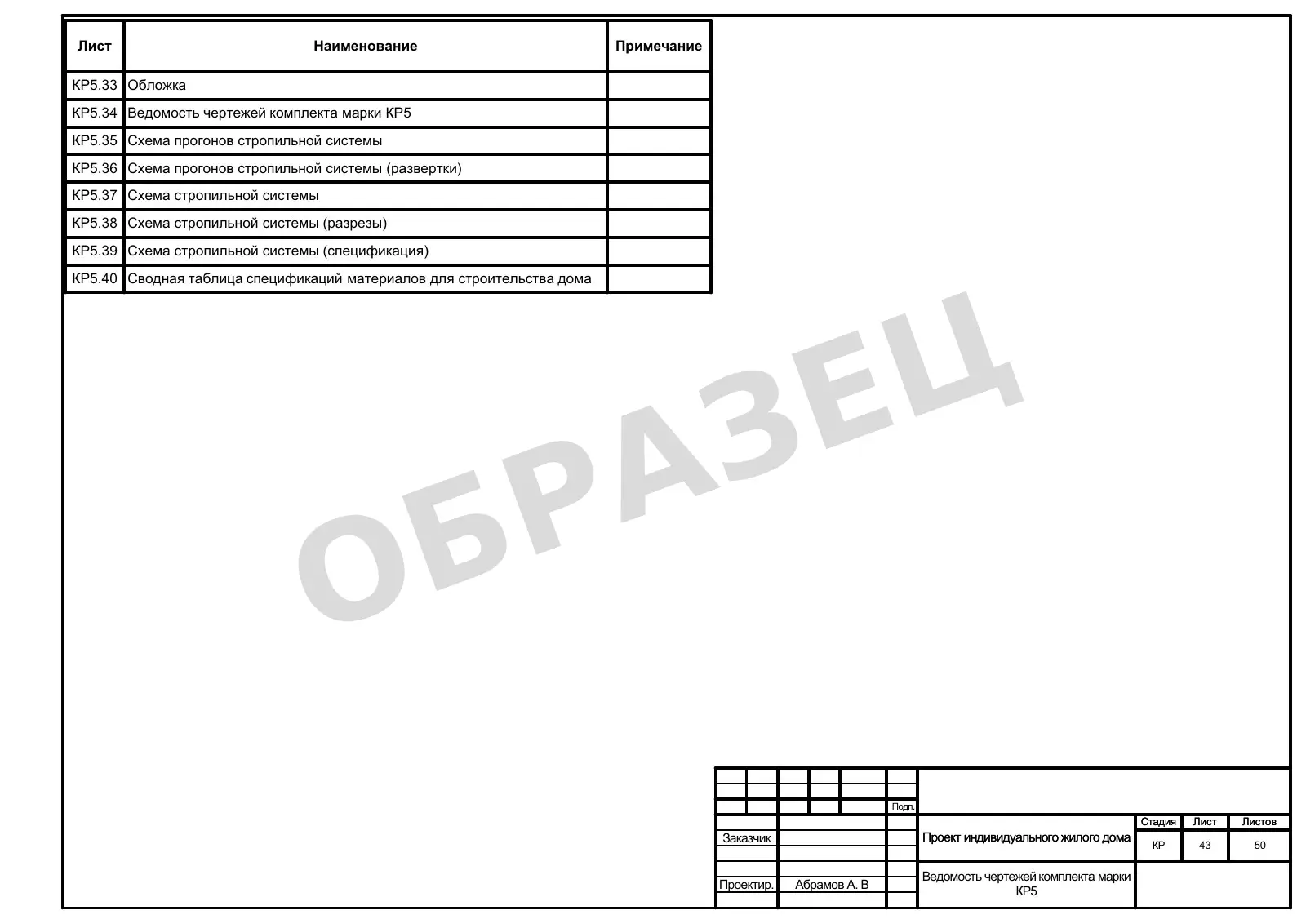 КР5.34 — Ведомость чертежей комплекта КР5 — пример документации AAA Projects